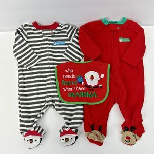 Small Wonders 0-3 M Infant Baby Boy Sleepers Christmas Bib Santa Red Gray Stripe